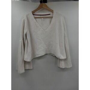 Free People White‎ Distressed Bell Sleeve V Neck Chunky Knit Sweater Women's Med